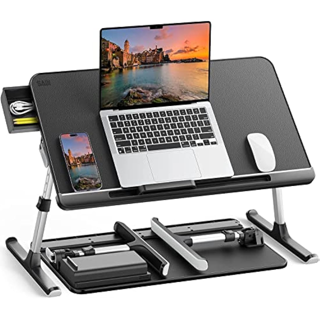 Laptop Bed Table, SAIJI 100% Eco-friendly wooden planks, Laptop Stand with Drawer, Folding Legs, 40kg Load, Angle Height Adjustable, Reading, Eating on Bed, Sofa, Laptop Lap Desk (Black 23.6*12.6in)