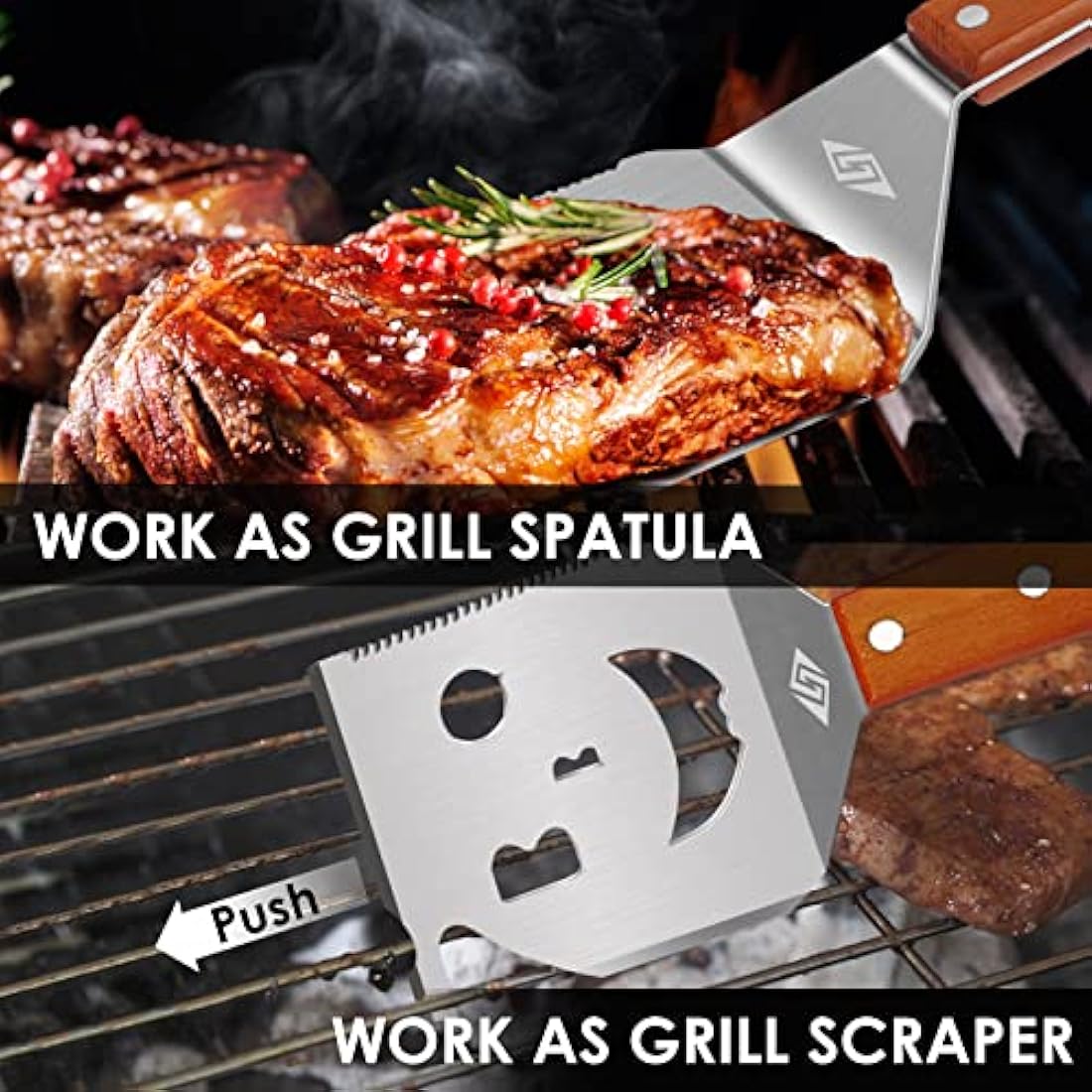 BBQ Accessories for Charcoal BBQ,Gas BBQ, 7 in 1 BBQ Spatula with Scraper, 17 Inch Long BBQ Tools for Barbecue Grill, Dad Gifts, Fathers's Day Gifts, Gifts for Men