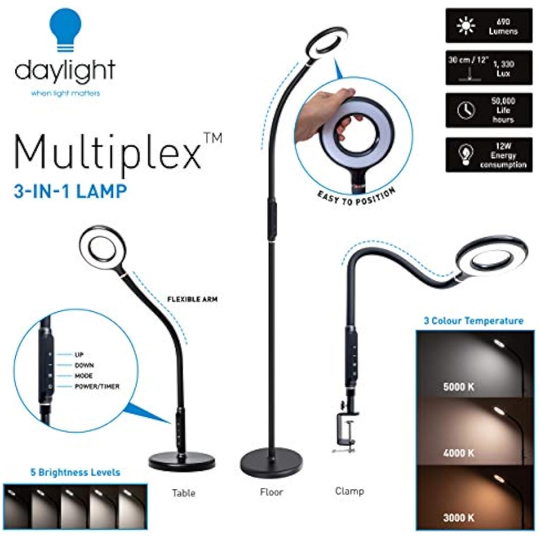 Daylight Multiplex 3-in-1 Lamp: Versatile Lighting for Living Room, Bedroom, Office - 5 Brightness, 3 Colors - Reading, Study, Nail Care - 12W, Black