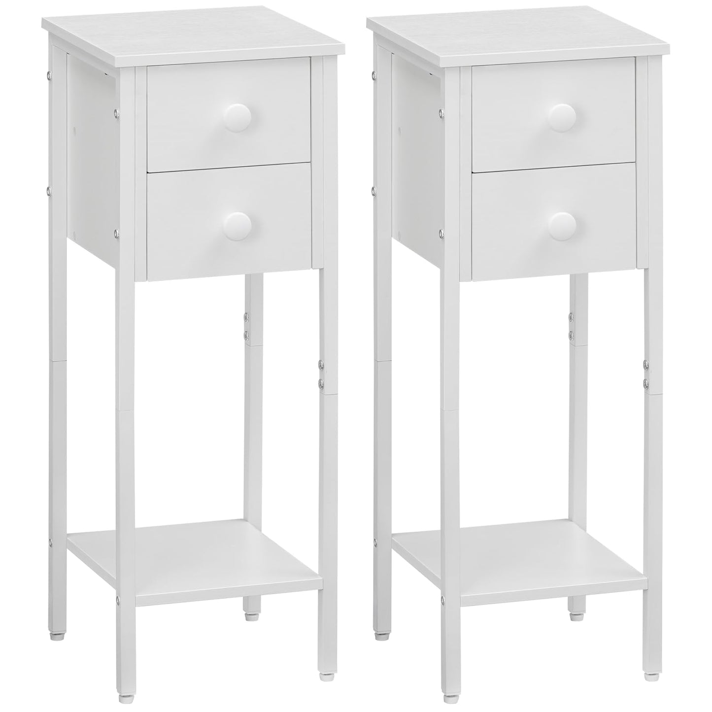 HOOBRO Narrow Bedside Table Set of 2, Slim Bedside Table, Telephone Table with 2 Drawers, Tall Side Table with Metal Frame