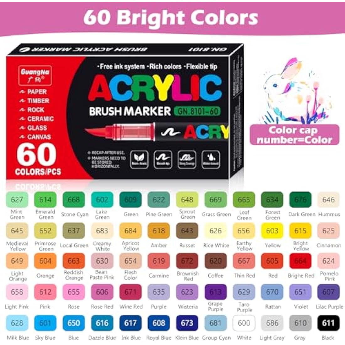 VAKKI 60 Color Acrylic Paint Pens, Acrylic Brush Markers, Paint Pens For Colouring, Stone, Calligraphy, Wood, Canvas, Glass, Ceramics