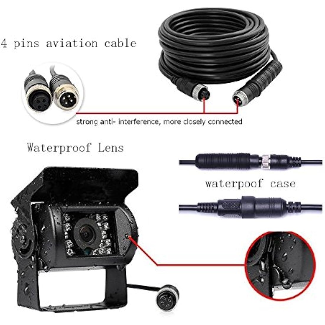 Backup Camera Camecho IR Night Vision Waterproof Reversing Camera + 10M 4 Pins Cable Kit for Car Bus Truck Caravan Camper 12V 24V Parking Assistance