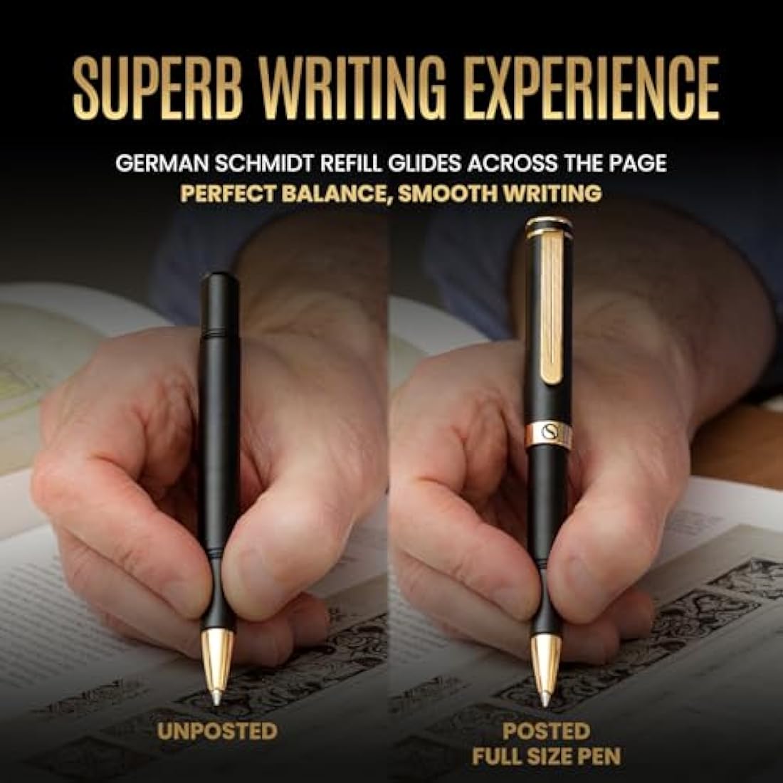 Scriveiner Black Rollerball EDC Luxury Pen, Stunning Pocket Pen, Real Gold Plating, Cool Writing Pen, Best Pen Gift for Men, Women, German Schmidt Refill, Nice Present, Fancy Office Designer Pen Set