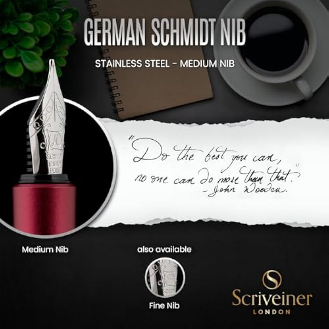 Scriveiner Luxury EDC Fountain Pen (Fine), Stunning Matt Red with Chrome Finish, Schmidt German Nib, Converter, Best Writing Gift Set for Men & Women, Nice Fancy Office Designer Pocket Pen