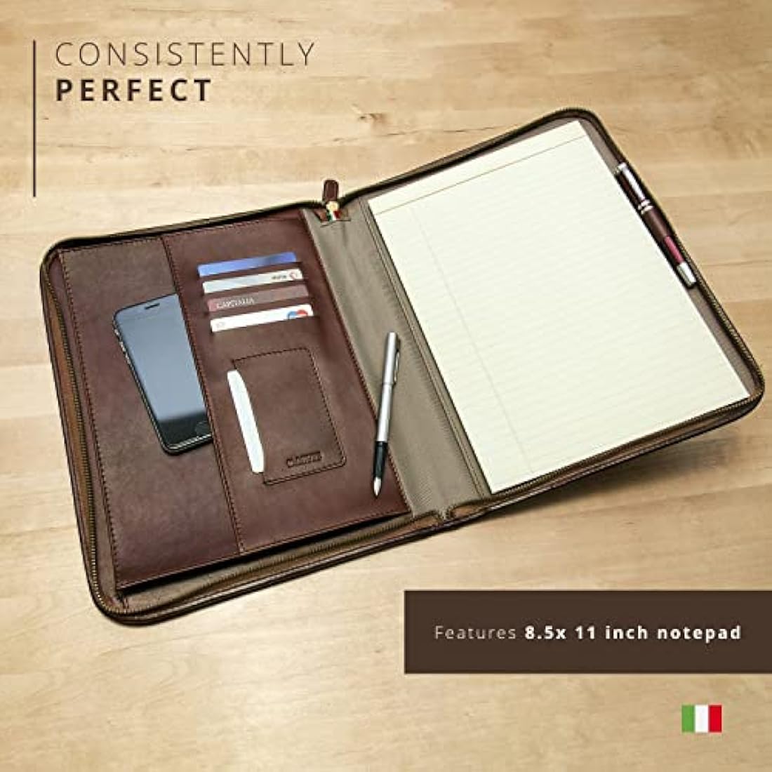 Maruse Luxury Leather Portfolio – Zip-Around Executive Folio & Organiser, Laptop & iPad Sleeve – Handmade in Italy, Brown