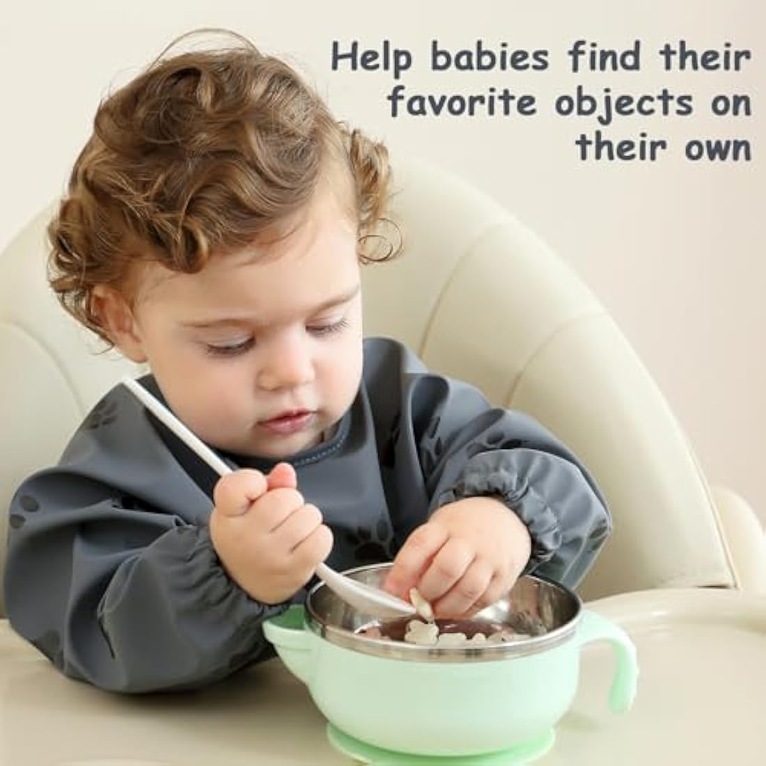 PewinGo Weaning Bib with Long Sleeves & BLW, Soft and Skin-Friendly Material, Coverall Bibs for Baby Feeding, Waterproof and Easy to Clean & Machine Washable, for Baby Infant Toddlers (Dark Grey)