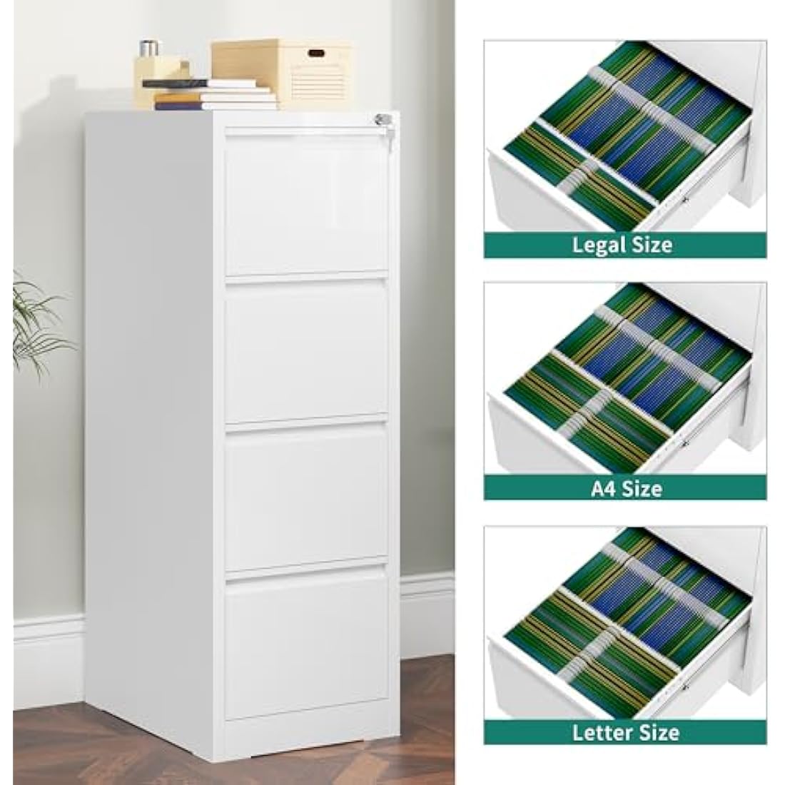 YITAHOME Filing Cabinet with 4 Lockable Drawers, Anti-tipping Rolling Filing Cabinet with Wheel for Home Office, Under Desk File Storage Cabinets for Letter/Legal/A4 Size, White, 62 x 45 x 133cm