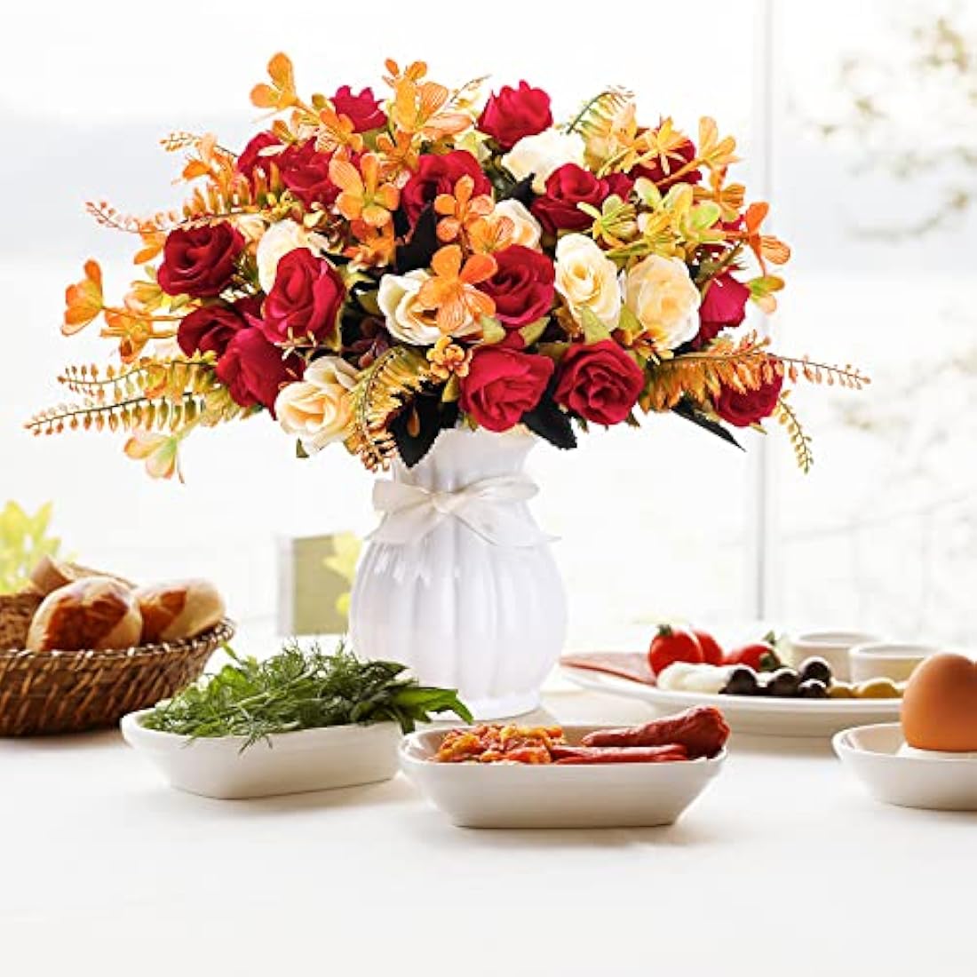 LESING Artificial Silk Rose with Vase Fake Flowers Wedding Flowers Bouquets Arrangement Home Office Party Centerpiece Table Decoration (Red-1)