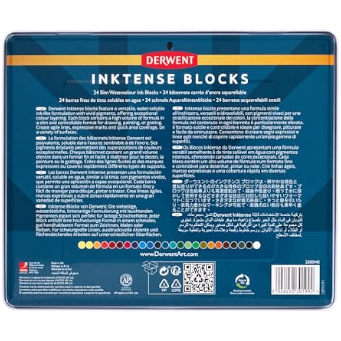 Derwent Inktense Blocks 24 Tin, Set of 24 Water-Colours, 8mm Block, Water-Soluble, Ideal for Drawing, Colouring, Crafts & Painting on Paper & Fabric, Professional Quality (2300443)