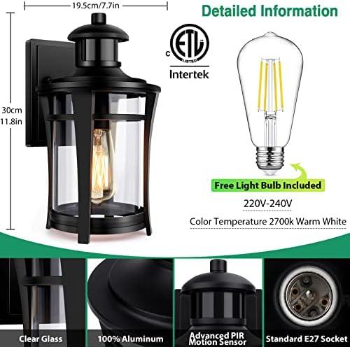 Lamomo Outdoor Wall Lights, Security Motion Sensor Lights Outdoor with Bulb, Waterproof Aluminum Dusk Till Dawn Outside Lights, 3 Lighting Modes Wall Lantern Sconce with Sensor for Garden Doorway