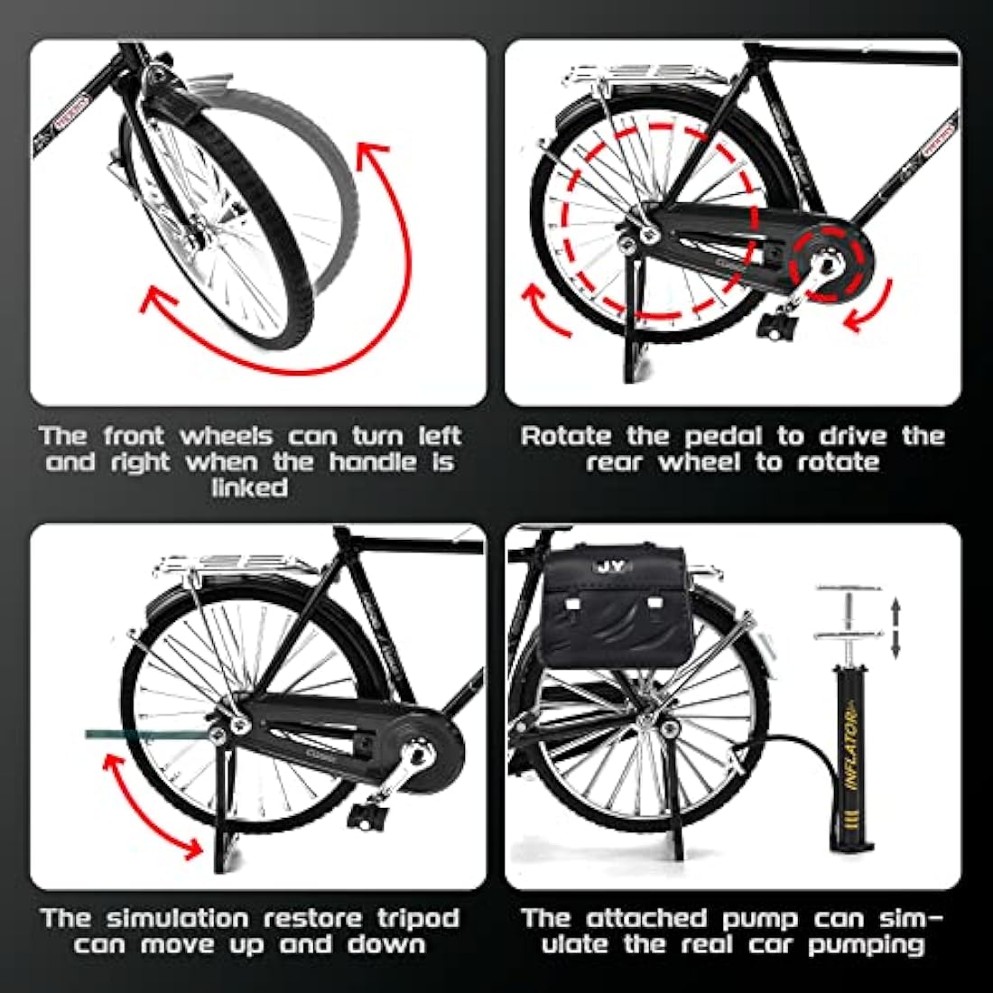1PCS Retro Bicycle Model Ornament for Kids, 51 Pcs Simulation Mini Bike Model Scale Kit with Inflator & Briefcase, 1:10 Creative Iron Art Tabletop Ornament Toys for Gifts Home Office Decor (BLACK)