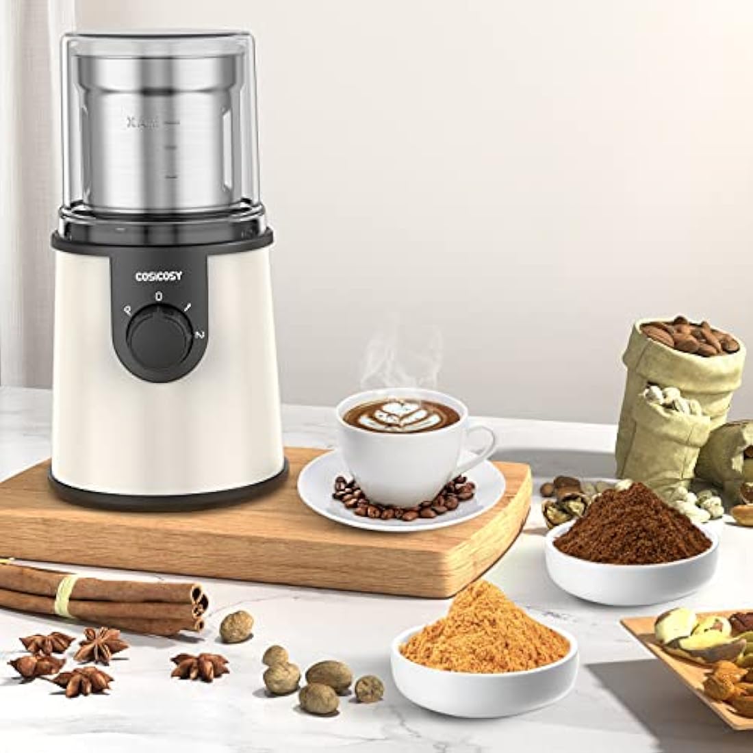 COSICOSY Electric Spice Grinder with 304 Stainless Steel Blades, Removable Bowls, 350W Motor Coffee Bean Machine with Spoon Brush for Beans, Nuts, Pepper, Beige