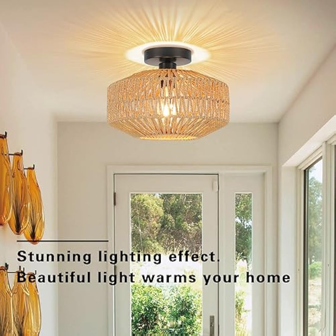 Schindora Boho Rattan Ceiling Lights,Vintage Chandeliers Ceiling Light E27 Rustic Braided Basket Lamp Shades Ceiling for Bedroom Living Room Kitchen Dining Hallway,Without Bulb