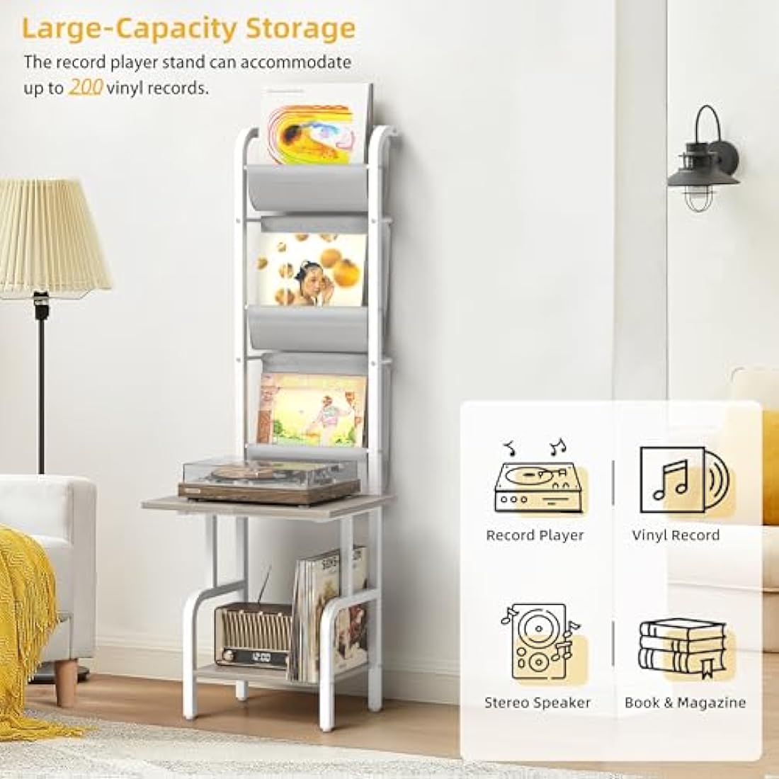 Bikoney Vinyl Record Storage with Player Stand, Turntable Stand and Display Shelf for Up to 200 Albums, Vinyl Record Holder Cabinet with Wall Mount for Living Room or Bedroom White