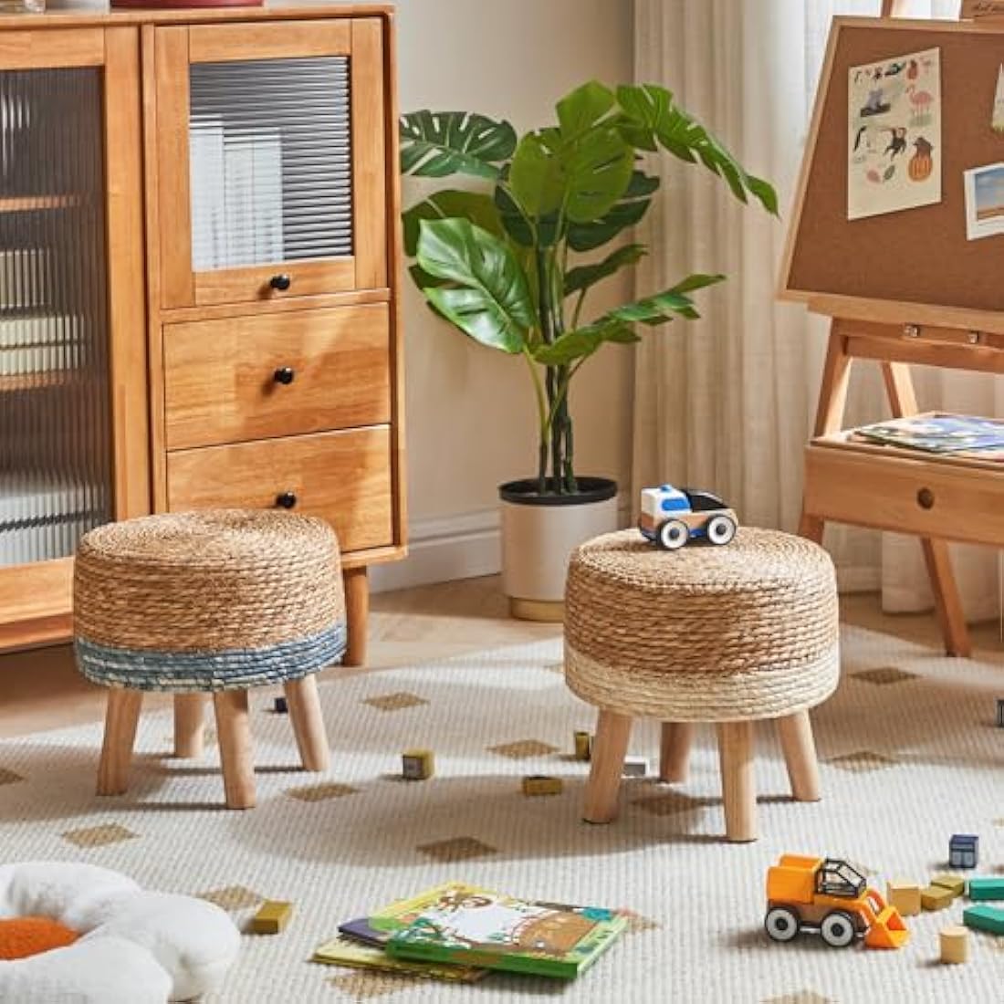 YMYNY Footstool Natural Seagrass Hand Weave, Pastoral Style Footrest, Padded Foot Rest with Non-Skid Pine Legs, Wooden Sofa Stools, for Living Room, Bedroom, 32×32×32CM, Beige HBD027W