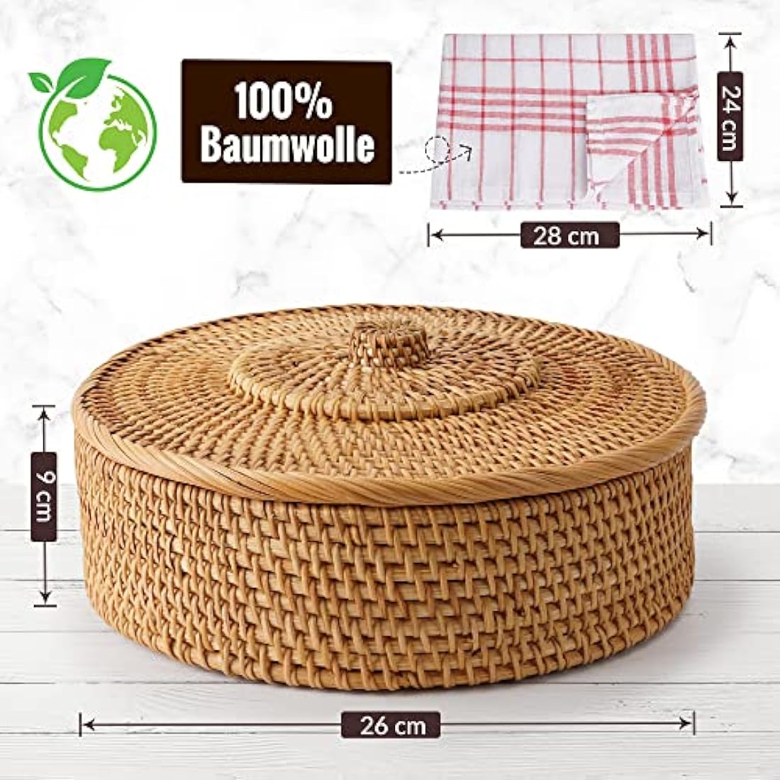 Tortillada - 26 cm Tortilla Warmer / Tortilla Warmer Basket Handmade from Rattan with Cotton Tea Towel