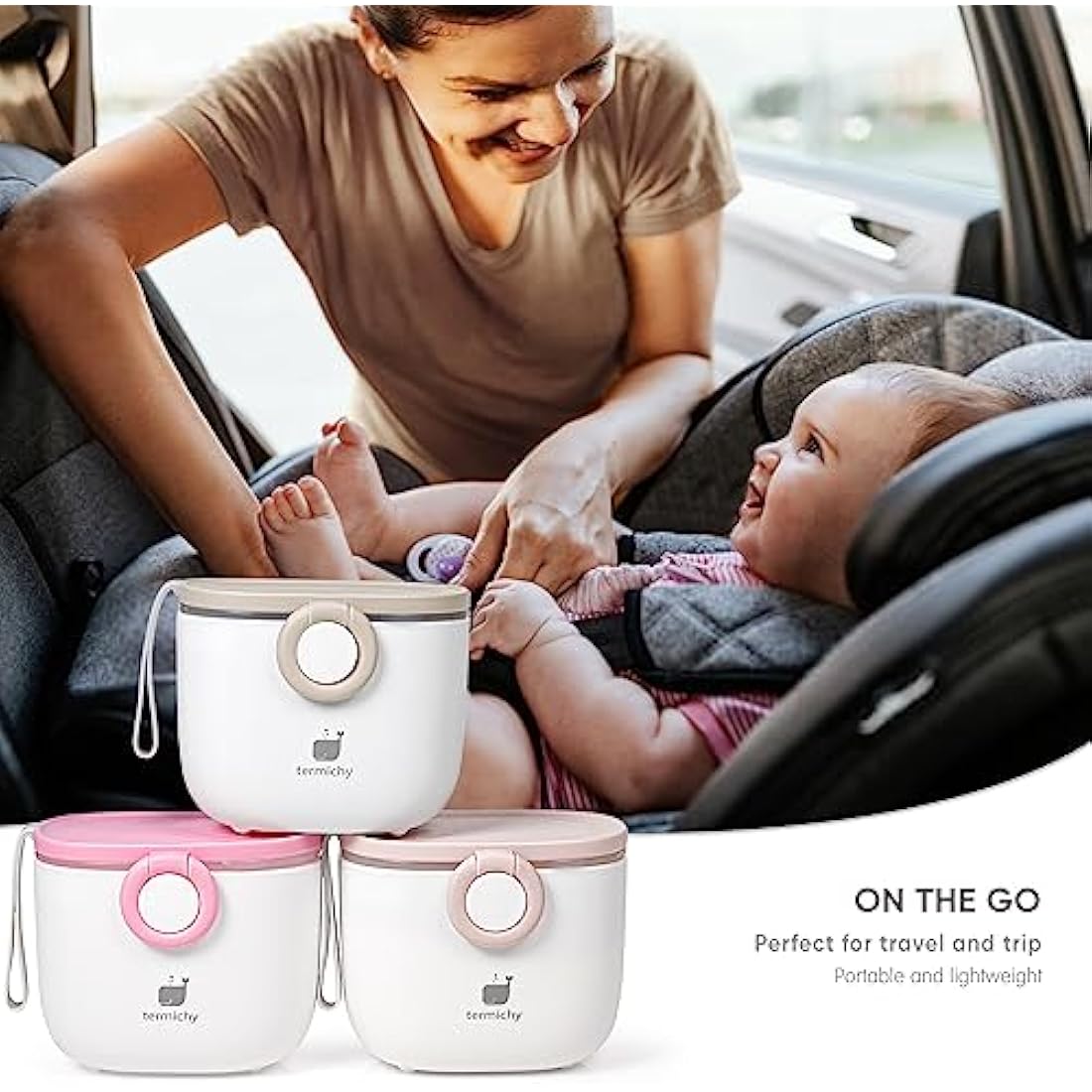 Termichy Milk Powder Scoop Baby Milk Powder Dispenser, 250 g Airtight Portable Milk Powder Container for Travel, with Scraper and Spoon (Pink and White, 1 Piece)