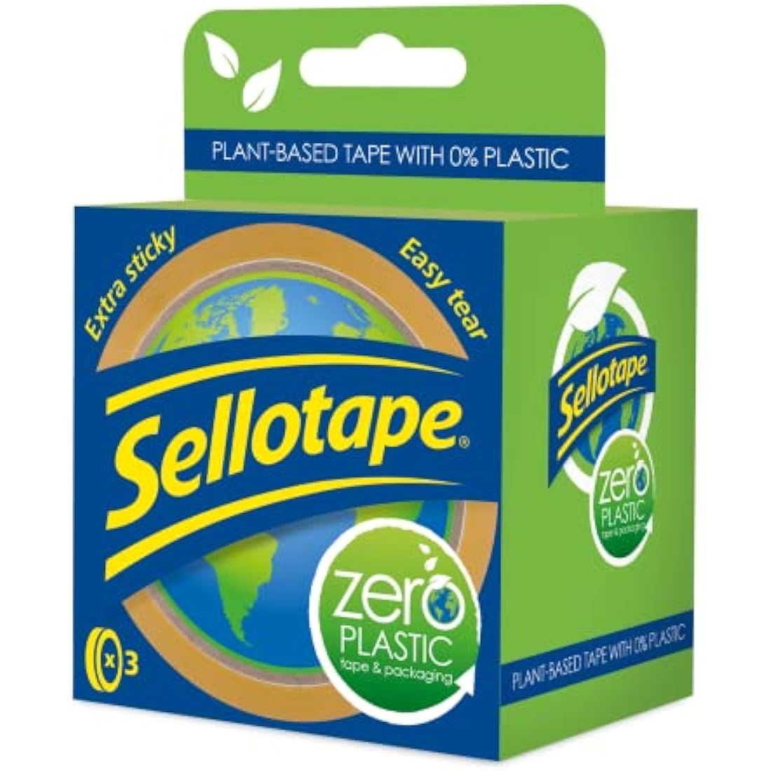 Sellotape Zero Plastic Tape, Multi-Purpose Clear Tape for Household Objects & Sticking Envelopes or Cards, Easy to Use Plant Based Packaging Tape with 0% Plastic, 24mm x 30m, Pack of 3