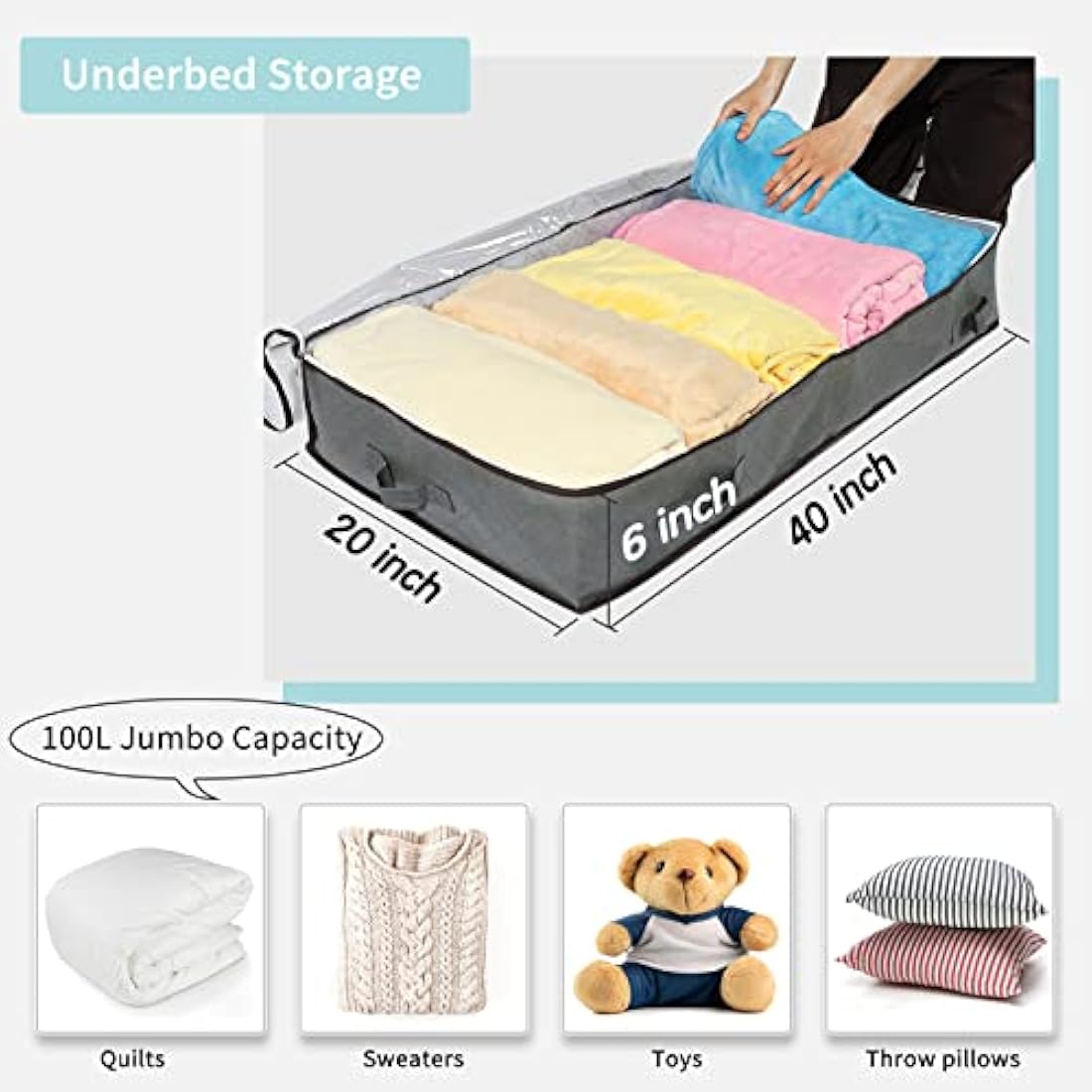 MIXC 4 Packs Underbed Storages, 100L Large Under Bed Storage Box with Lid, Storage Boxes with Lids, Storage Bags with Zip for Clothes, Comforters, Blankets, and Bedding