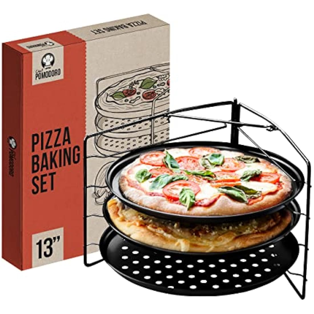 Chef Pomodoro Pizza Baking Set with 3 Pizza Pans and Pizza Rack, (33 cm Pans), Non-Stick Perforated Pizza Trays for Oven, Pizza Pan with Holes for Oven, Barbeque, Bakeware