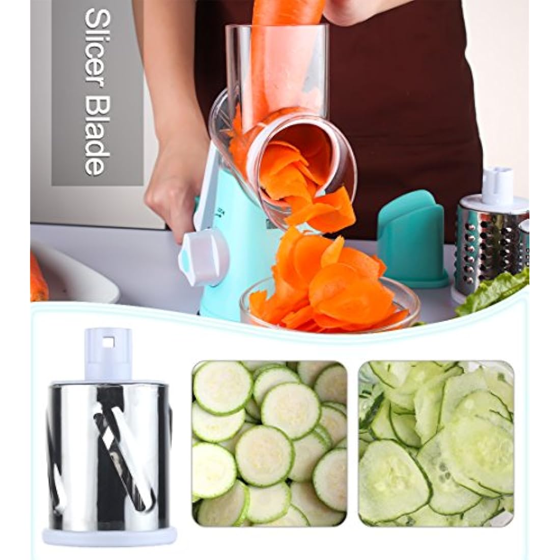 Ourokhome Rotary Cheese Grater Chopper - Vegetable Mandoline Slicer with 3 Interchangeable Ultra Sharp Cylinders Stainless Steel Blades（Blue）