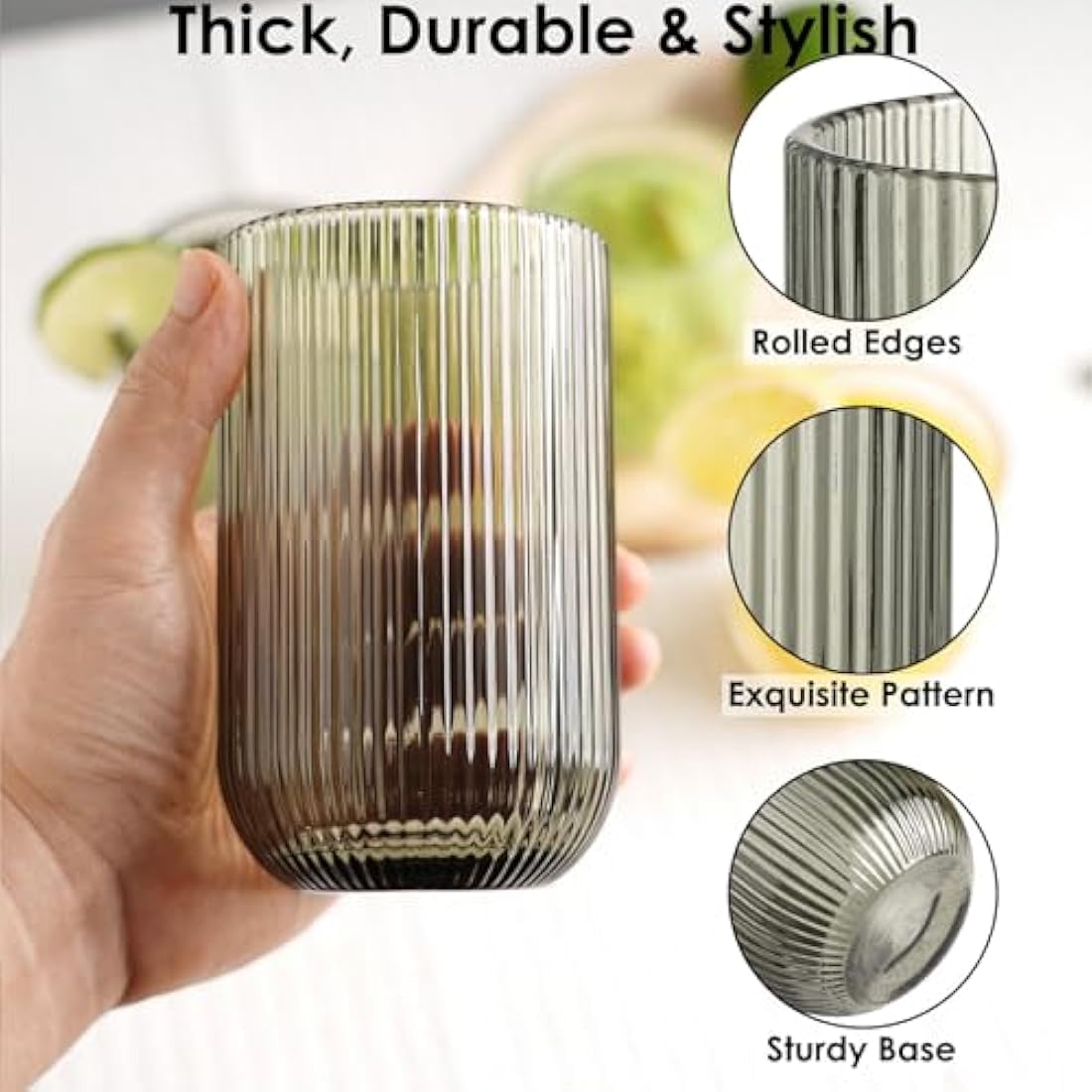 TKNO 6X 410ml Ribbed Highball Glasses Tall Hi Ball Glass Water Gin Juice Cocktail Drinking Glassware Origami Style Fluted Ripple Beverage Tumblers Set, Ideal for Home, Restaurant, Events & Parties
