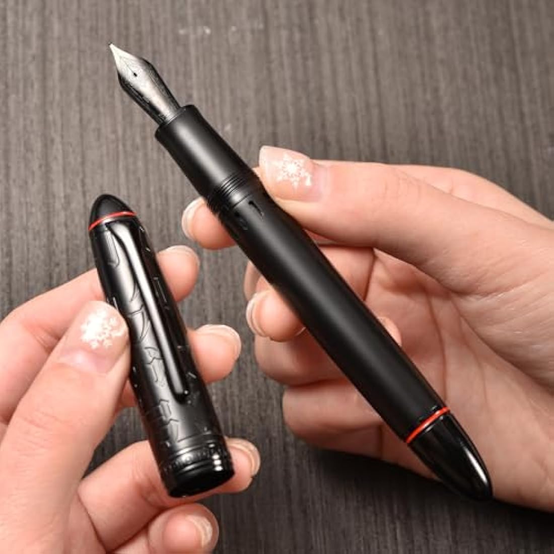 Asvine Hongdian N6 Metal Resin Piston Fountain Pen - Black Long Blade Nib Classic Pen, Includes Metal Box
