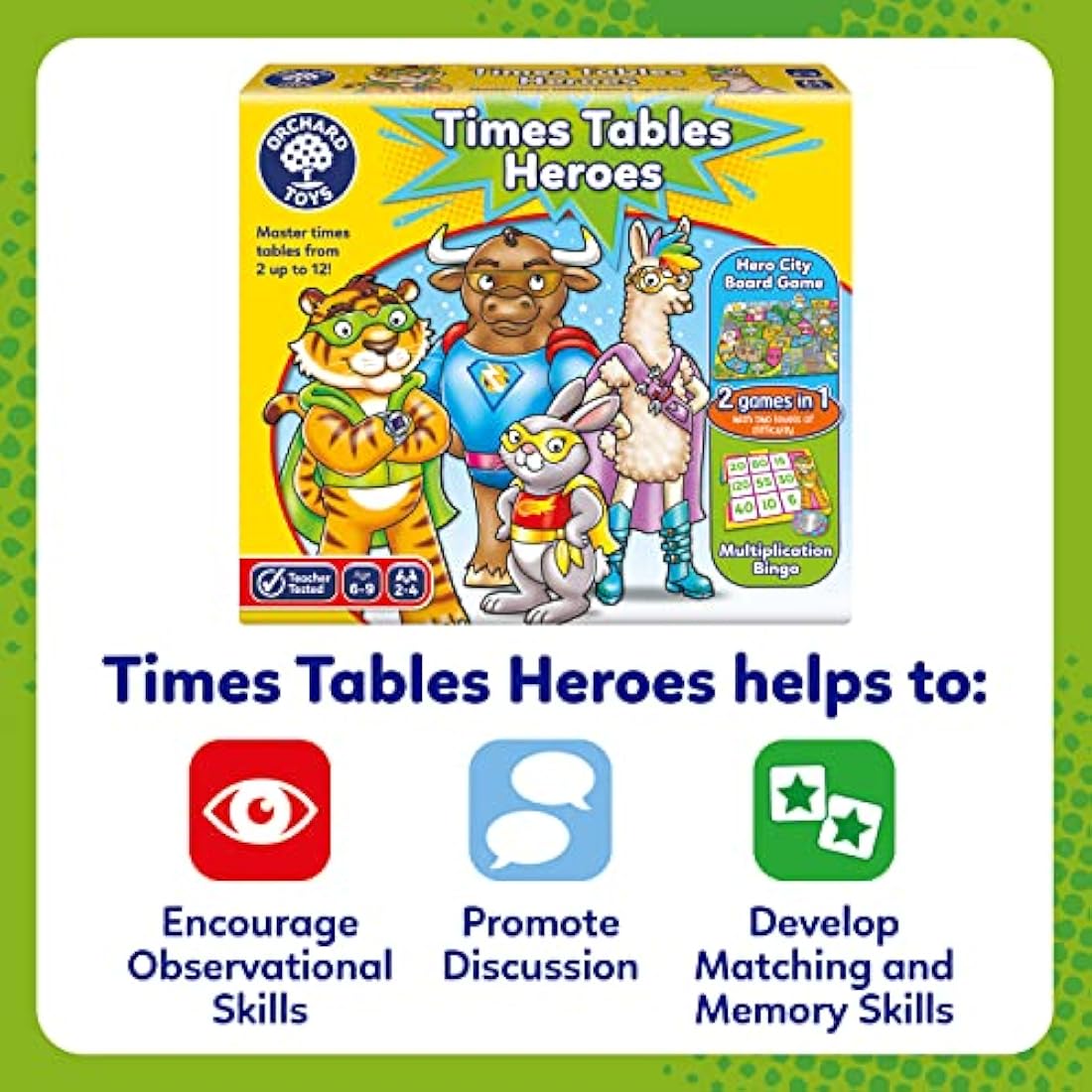 Orchard Toys Times Tables Heroes - 2 in 1 Maths Games for Kids with Multiplication Bingo and Counting Board Game - Children’s Learning and Educational Math Games for 6-9 Year Olds - 2-4 Players
