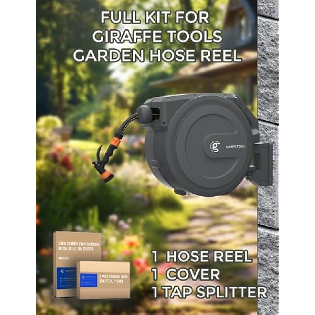 Giraffe Tools Garden Hose Reel Kit with Tap Splitter and Cover, 35m Retractable Hose