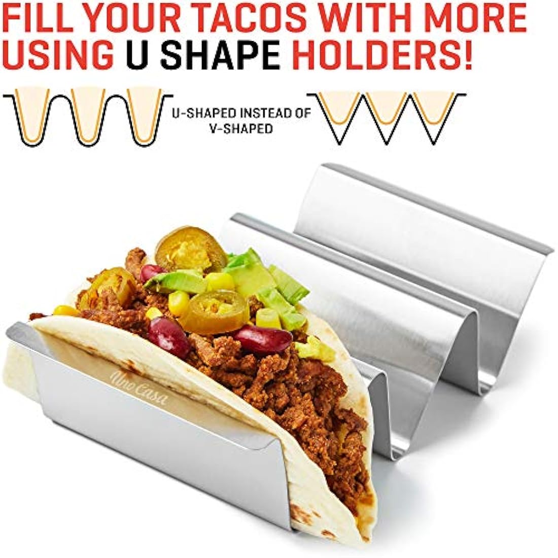 Uno Casa Taco Holders Set of 6 - Metal Holder for Taco Shells - Durable Stand for U-Shaped Rack - Perfect for Serving, Baking, and Grilling - Includes Recipe Book for Delicious Mexican Creations