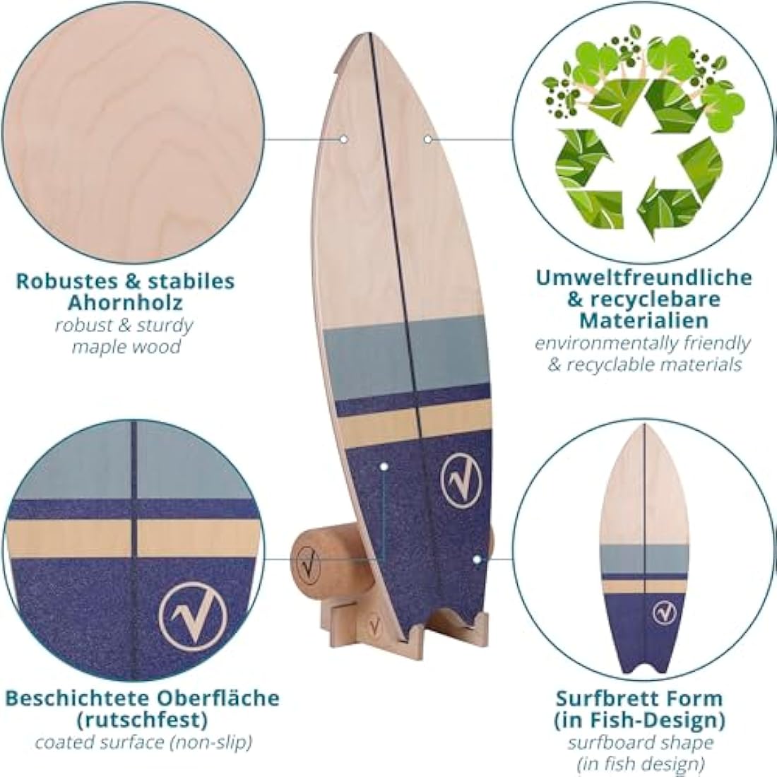 valuents Wooden Surfboard Balance Board with Roller for Neuromuscular Response Training + More: Stand