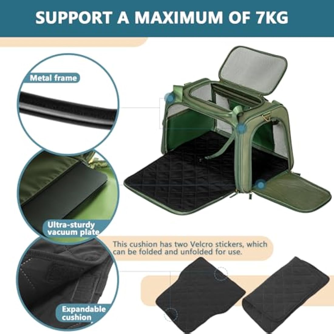 Petsfit Dog Carrier Soft Sided Travel Carrier, Lightweight Travel Use Pet Carrier for Small Dogs and Cats, with Expandable mat, Upgraded Large Space Soft Sided Pet Cat Carrier, Olive Green