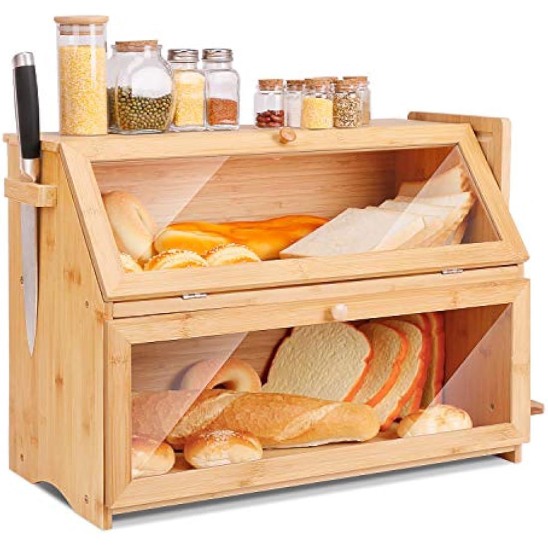 Leader Accessories Double Decker Bamboo Bread Bin 2-Layer Bread Box Large Capacity Bread Storage for Kitchen 19.7"x9.8"x14.5"