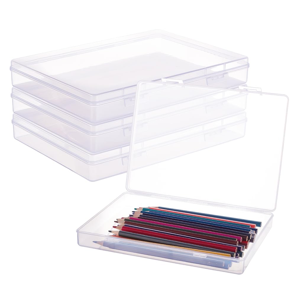 BENECREAT 22.5x16.5x3.3cm 4 Pack Rectangle Clear Plastic Storage Containers Large Box Case with Flip-Up Lids for Small Items, Notebook, Pen