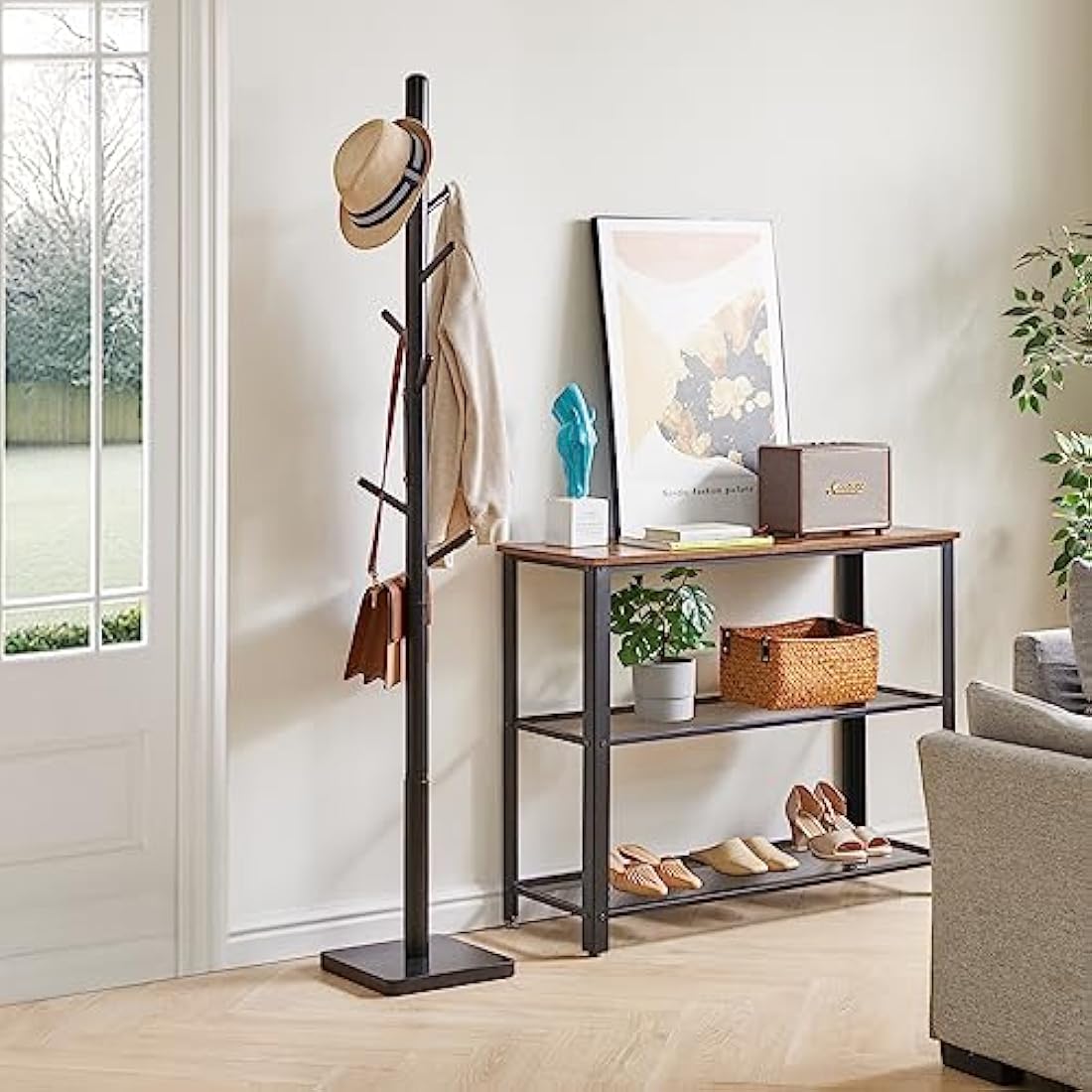 YMYNY Coat Rack Stand with Square Base, Wooden Coat Tree, Hall Tree Free Standing with 8 Hooks, Clothes Stand for Coats, Hat, Handbag, Umbrella, for Office, Hallway, 29 x 29 x 176CM Black HCR002B