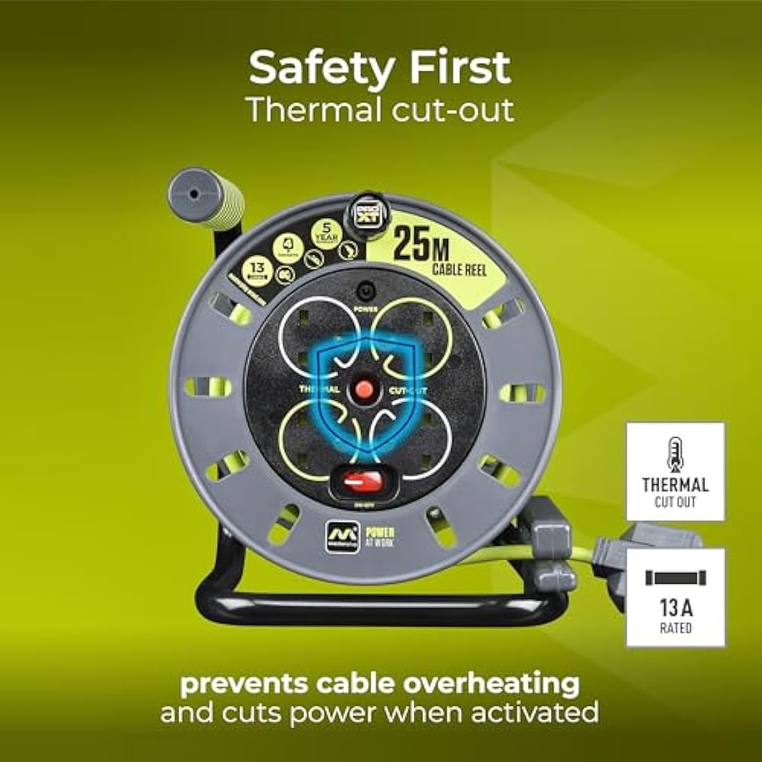 Masterplug Pro-XT Four Socket Open Cable Reel Extension Lead with Winding Handle, Thermal Cut Out and Power Switch, 25 Metres High Visibility Cable , Green