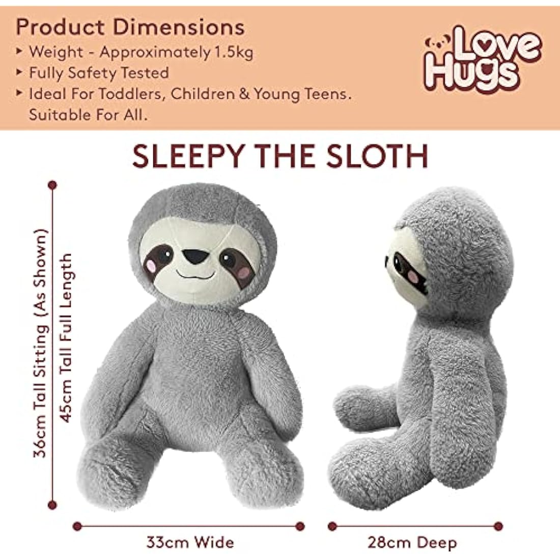 LoveHugs 1.5kg Weighted Teddy Bear For Anxiety, Comfort, Stress Relief & Restful Sleep - Sloth Teddy Therapeutic Weighted Stuffed Animal Toy