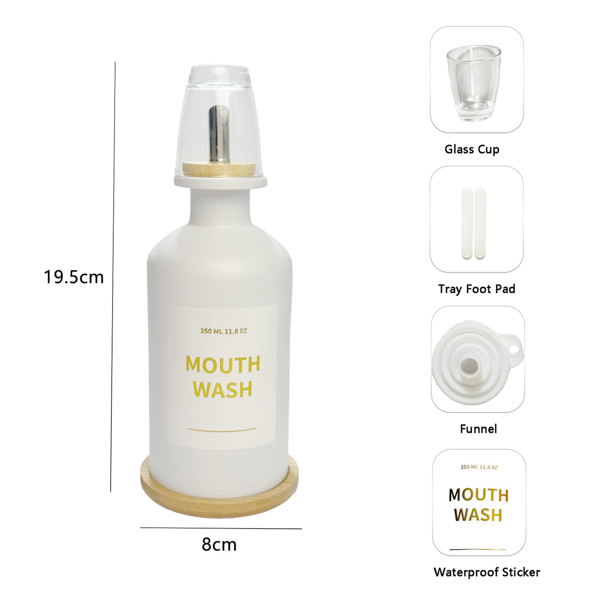 Yumzxin 11.8OZ Glass Mouthwash Bottle with Bamboo Tray & Stainless Steel Nozzle, Refillable Bathroom Organizer, Essential Oil Dispenser