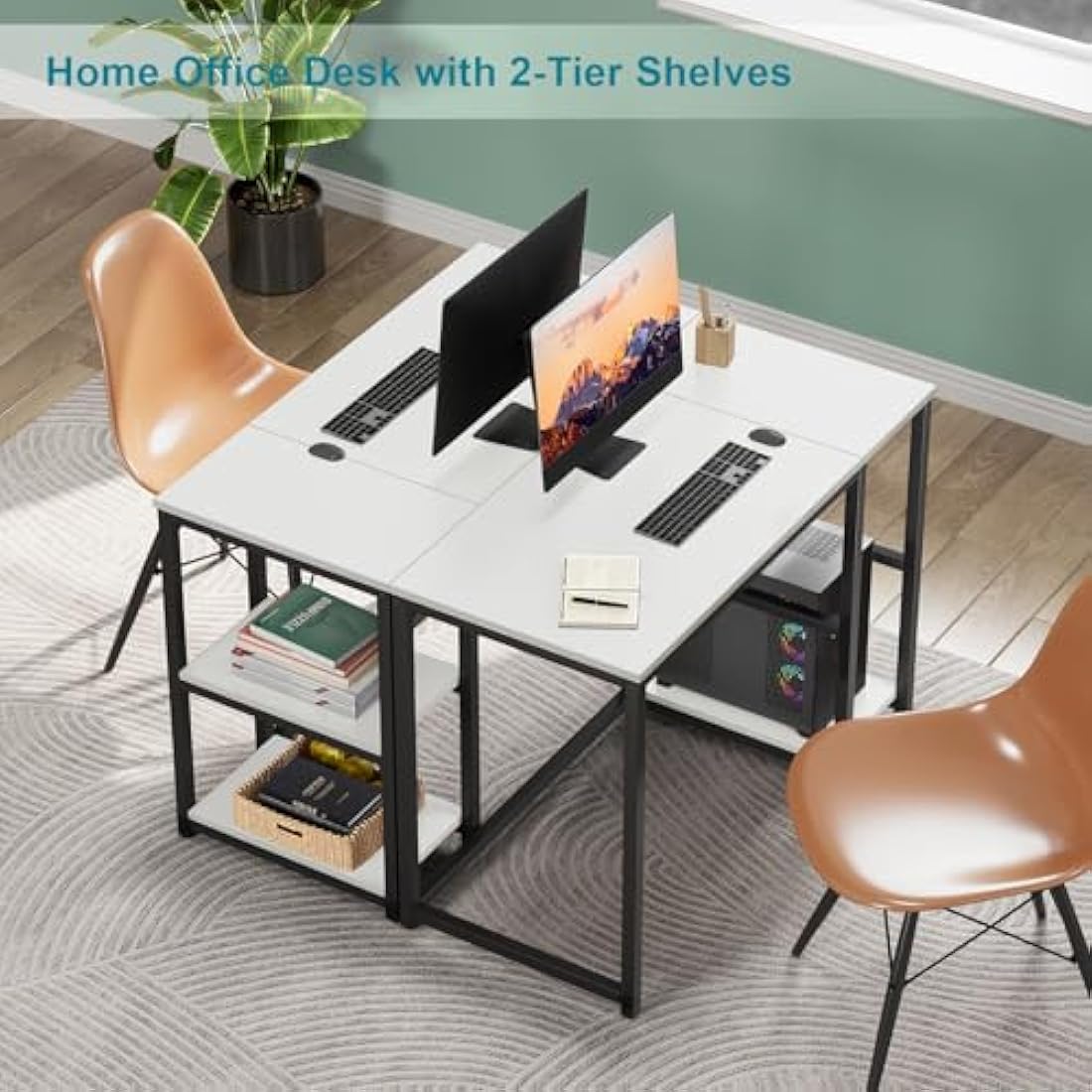 WOHOMO Computer Desk 120cm with 2-Tier Shelves Sturdy Home Office Desk with Large Storage Space Modern Gaming Desk Study Writing Laptop Table, White Desk