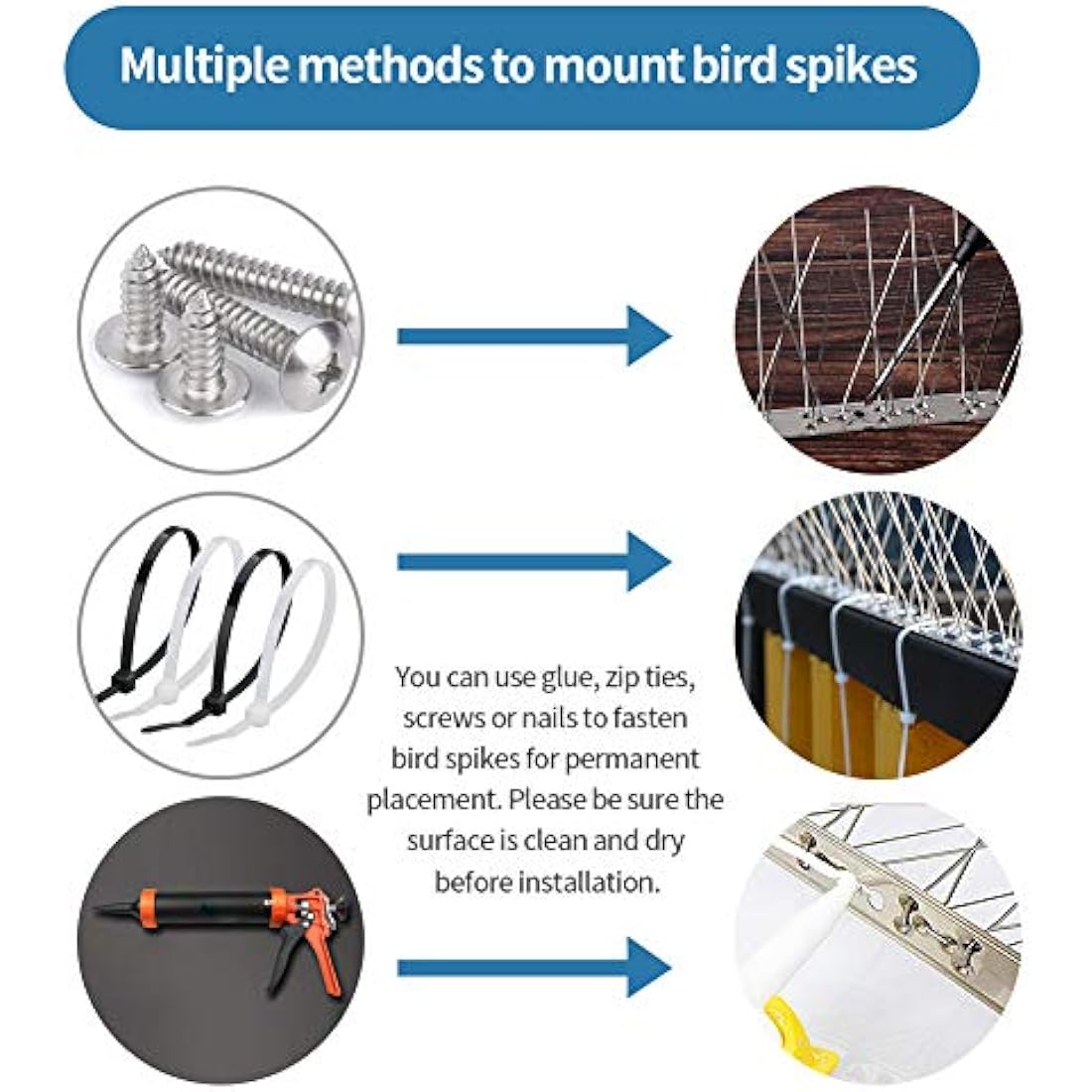 Bird Spikes for Pigeons Small Birds, Pigeon Spikes Kit Cover 6M (20 feet), Fence Spikes Stainless Steel Bird Deterrent Repellent Spikes for Cats, Birds Control Defence Spikes (18 Pack, Uninstalled)