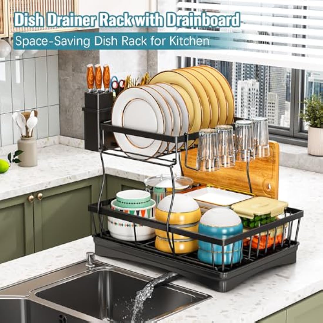 StowBin 2 Tier Dish Drainer Rack for Kitchen Counter - Space-Saving Dish Rack with Utensil Holder, Large Capacity Dish Drying Rack with Draining Board, Black