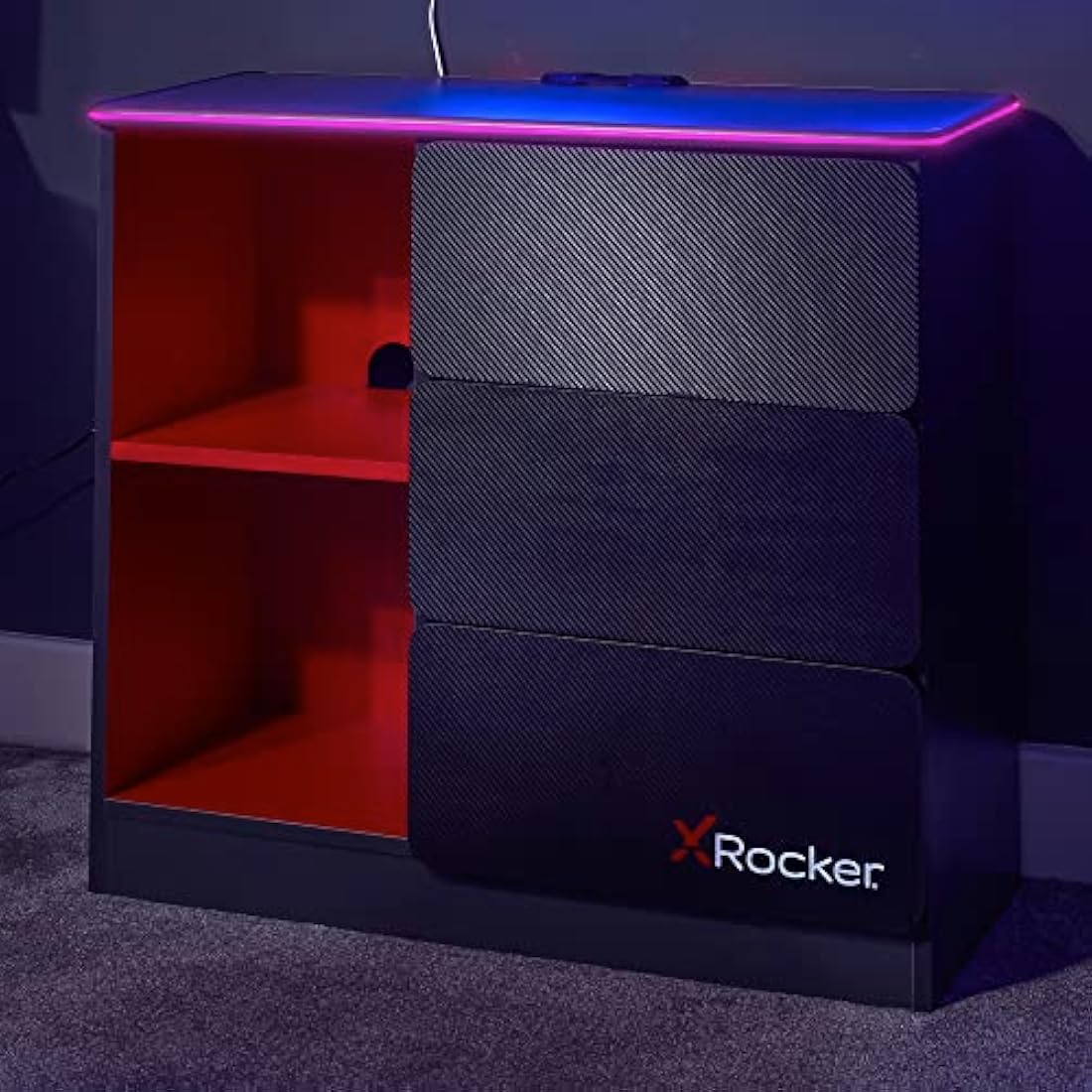 X-Rocker Black Chest of Drawers, 3 Drawer with Integrated Handles and Metal Runners, Customisable RGB LED Lighting Strip for Ambient Lighting, Kids Bedroom Furniture Gaming - GREY/RED