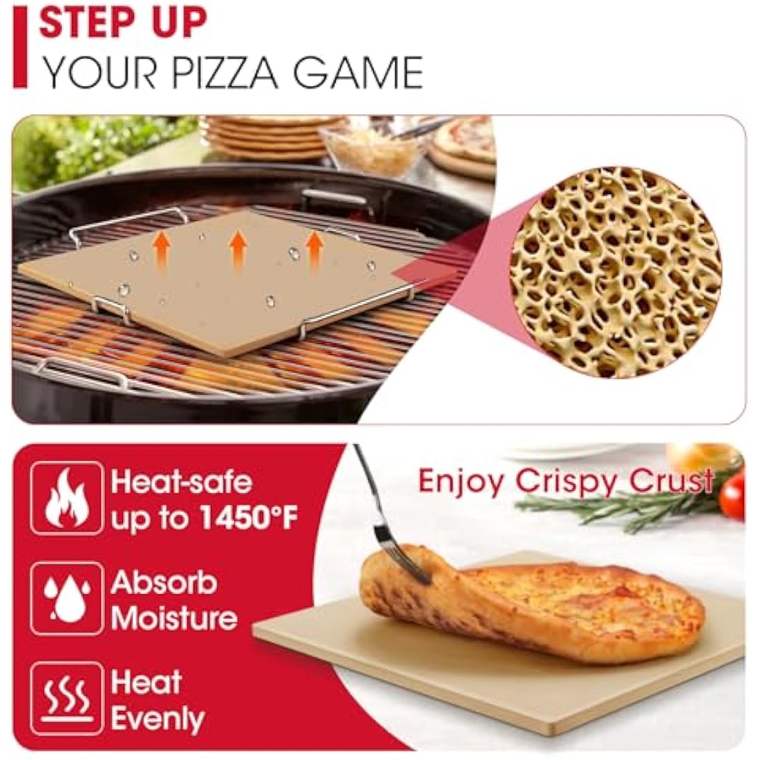Unicook 30.5 x 30.5 cm Pizza Stone for Oven and Grill, Oven Baking Stone for Bread, Cordierite Pizza Pan for Baking Crispy Bread, Pie and Cookies, Includes Carry Rack and Dough Scraper