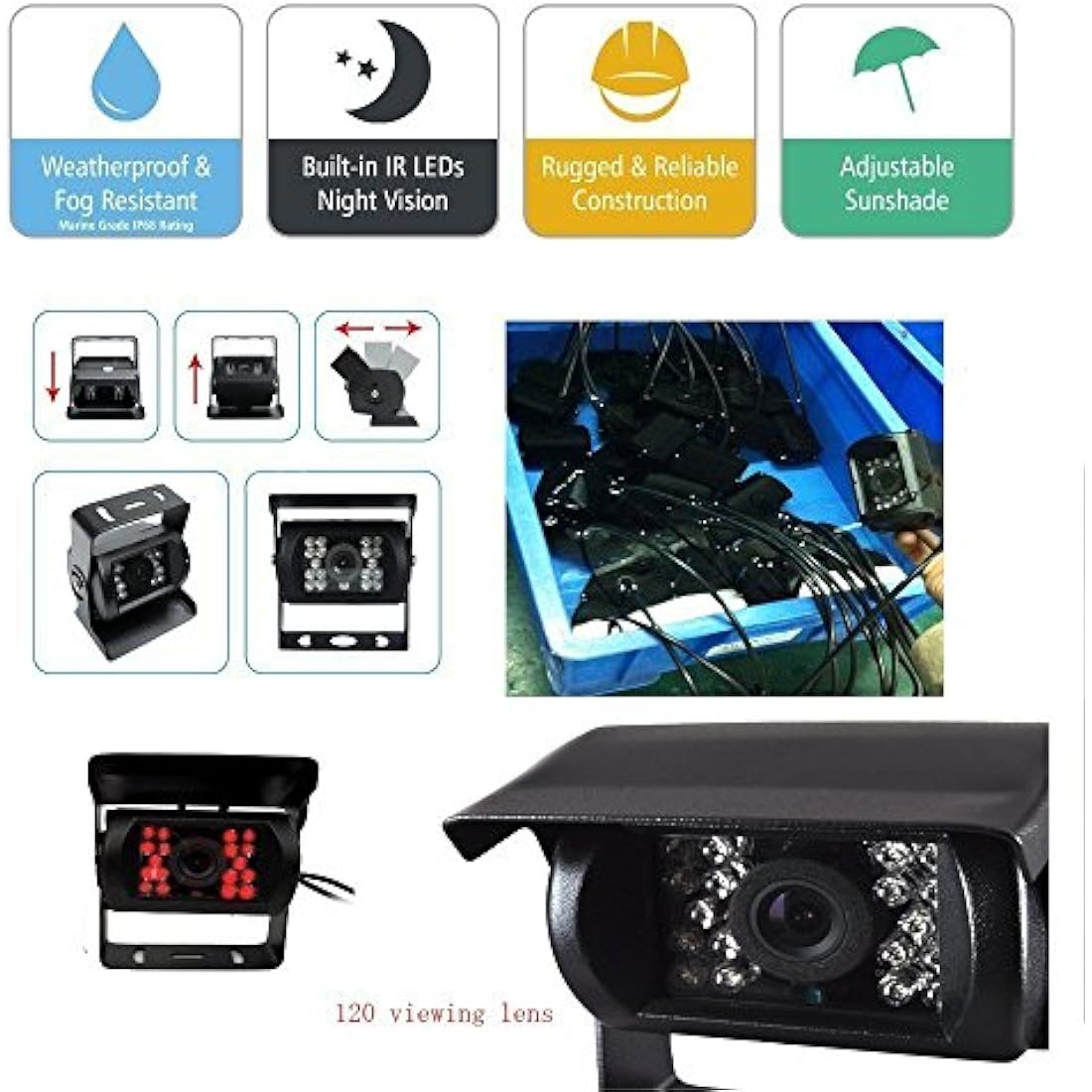 Backup Camera Camecho IR Night Vision Waterproof Reversing Camera + 10M 4 Pins Cable Kit for Car Bus Truck Caravan Camper 12V 24V Parking Assistance