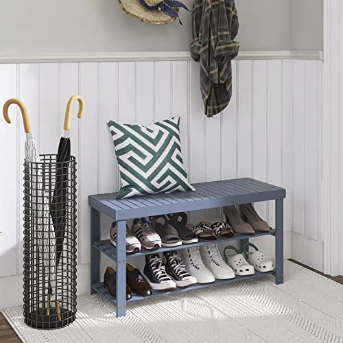 SMIBUY Bamboo Shoe Rack Bench, 3-Tier Shoe Organizer Storage Shelf for Entryway Hallway Bathroom Living Room (Grey)