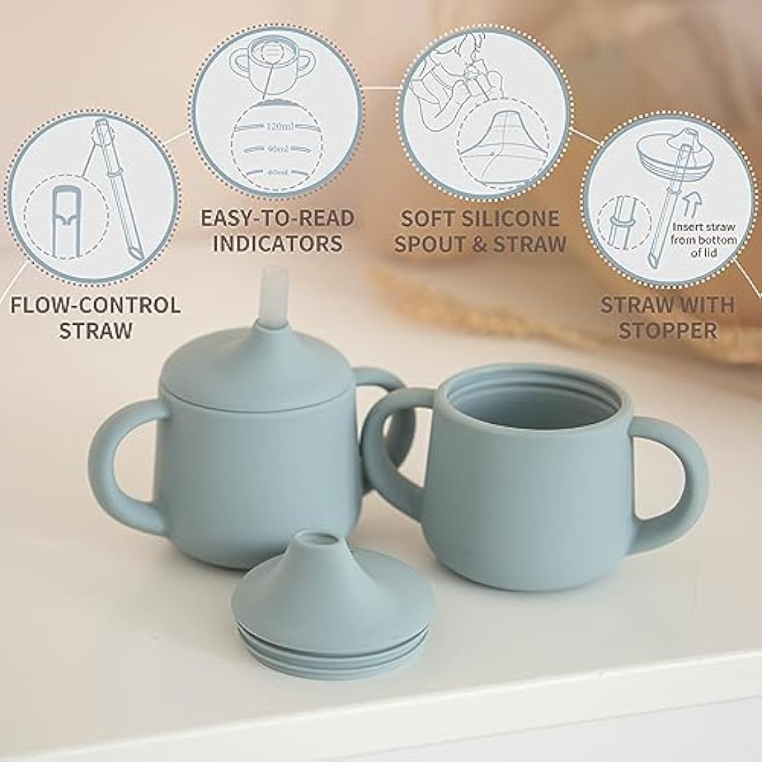 Moonkie Silicone Baby Sippy Cup 6+ Months with 2 Straws (Free Flow & Leak-Proof Valve) | 3 Stage Transition | Baby Water Bottle | BPA Free & Dishwasher Safe | 120ml(Ether)