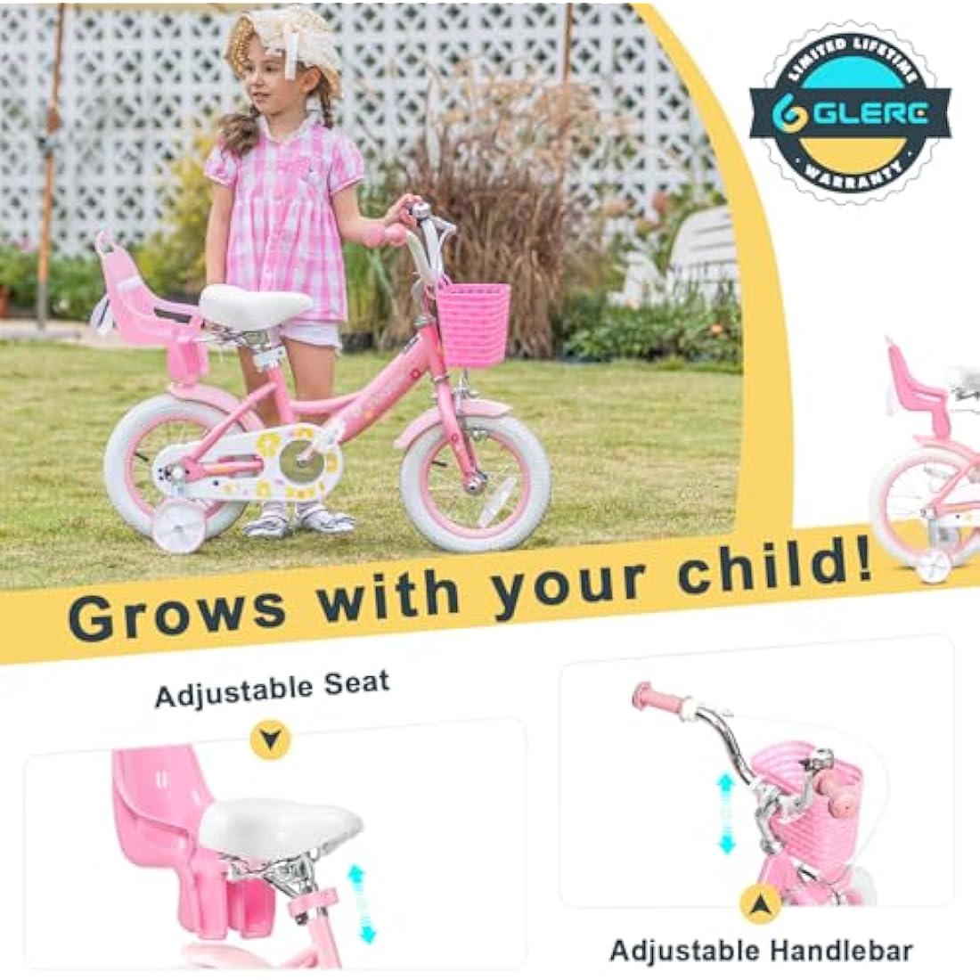Glerc Maggie 12 Inch Kids Bike for 2-13 Years Old, Girls Bicycle with Doll-Seat & Basket & Stabilisers & Kickstand, Multiple Colors