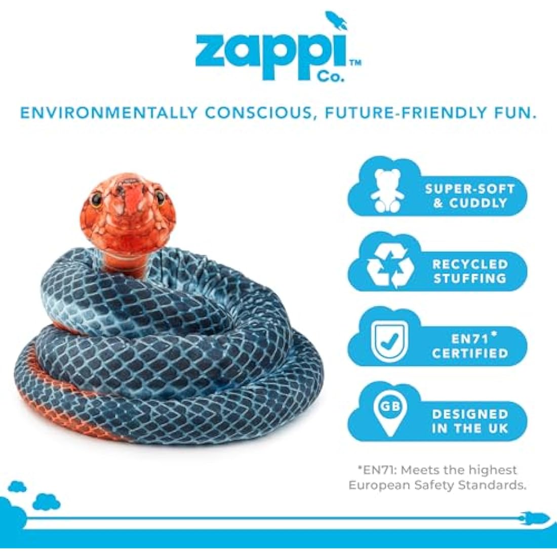 Zappi Co Kids Stuffed Soft Cuddly Plush Snake Toy - Part of Safari Animals Collection: Realistic and Lifelike, Perfect for Kids (180 cm Length)(Blue Coral Snake)