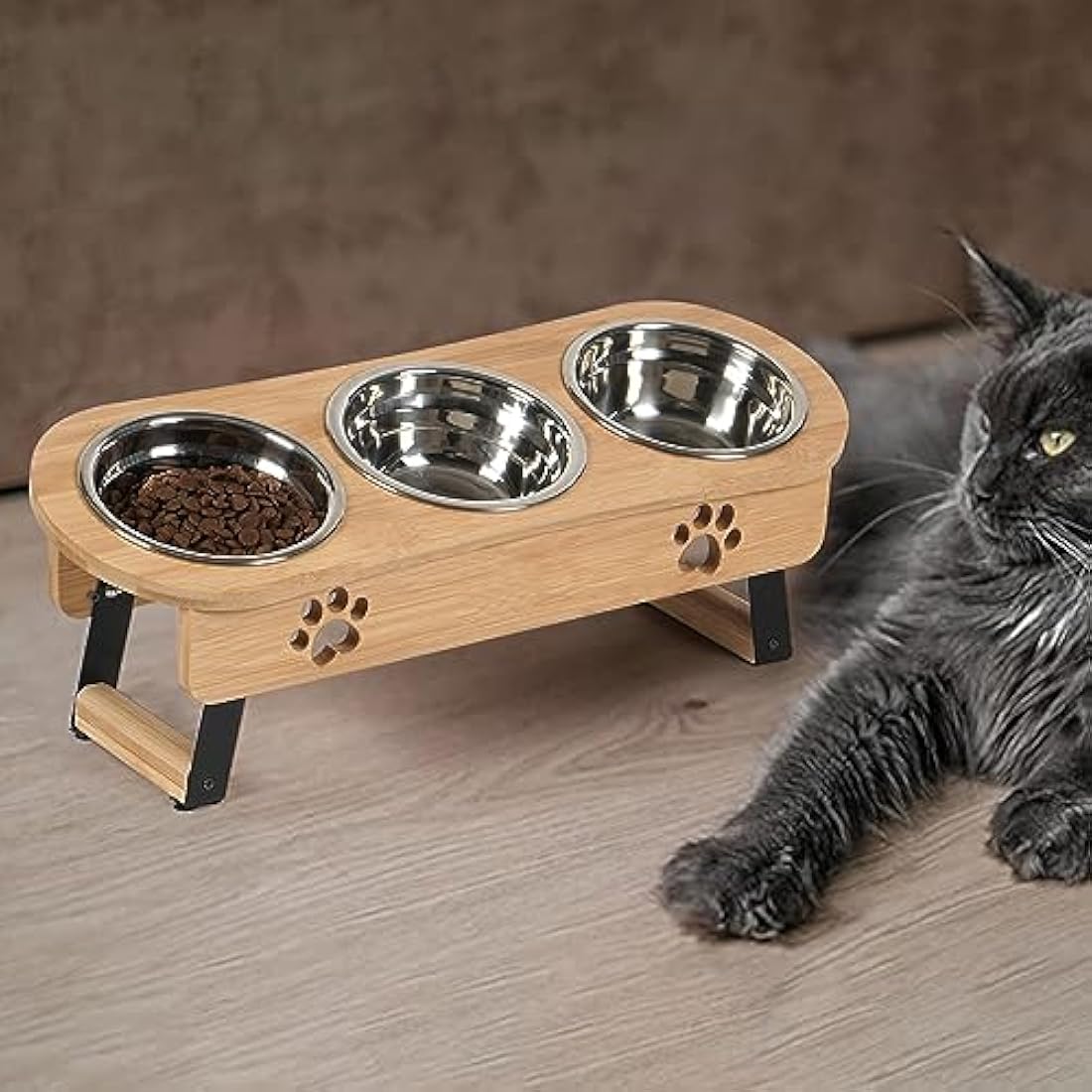 GHIAKQYT Raised Feeding Bowls - Cat Feeding Station 3 Bowls Raised Cat Bowl Height Adjustable Feeding Bowl Feeding Bar with Stand Stainless Steel Bowls for Water Food - Feeding Bowl for Cats (Bamboo