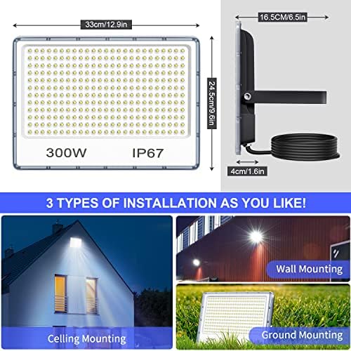 YIQIBRO 300W LED Floodlight Outdoor 2 Pack, IP67 Waterproof Outside Security Lights, 30000LM 7000K Cool White LED Floods Light Outdoor Spotlight for Garden, Garage, Warehouse, Workshop, Factory